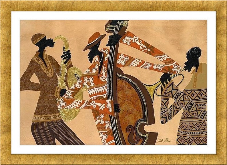 May include: An artistic print of a jazz band performing. The musicians are depicted in silhouette, playing a saxophone, double bass, and trumpet. The band members are wearing patterned clothing in shades of brown, orange, and gold, set against a tan background.