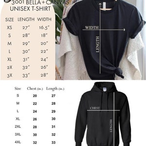 May include: Black unisex t-shirt and hoodie with size charts. The t-shirt has measurements for length and width, ranging from 27 inches to 33 inches in length. The hoodie's chest and length measurements are also provided, from 20 inches to 33 inches.