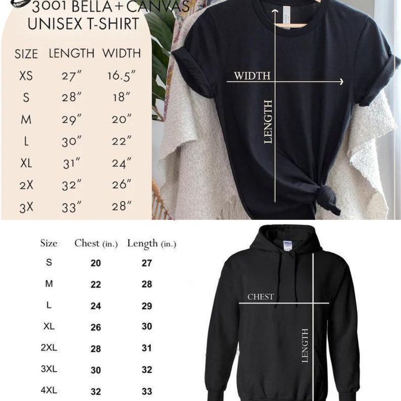 May include: Black unisex t-shirt and hoodie with size charts. The t-shirt has measurements for length and width, ranging from 27 inches to 33 inches in length. The hoodie's chest and length measurements are also provided, from 20 inches to 33 inches.