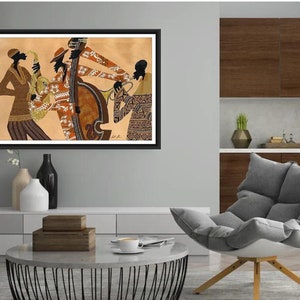 May include: A framed artwork depicting a jazz band. The musicians are rendered in silhouette with detailed patterns on their clothing. Instruments include a saxophone, double bass, trumpet, and a drum. The color palette is warm, with browns and tans dominating the scene.