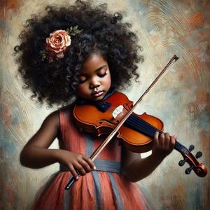May include: A young person with dark curly hair adorned with a rose plays a violin. The violin is a warm brown color, and the person is wearing a red and gray striped dress. The background has a soft, painterly quality with muted colors.
