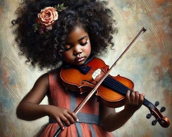 Violin Rose Art Print / African American Girl Musical Art / Black Children / (Unframed)
