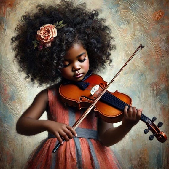 Violin Rose Art Print / African American Girl Musical Art / Black Children / (Unframed)