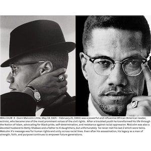 May include: A black and white split portrait of Malcolm X. One side shows him in profile wearing a fedora and glasses, the other a frontal view with glasses. He wears a ring and a watch.