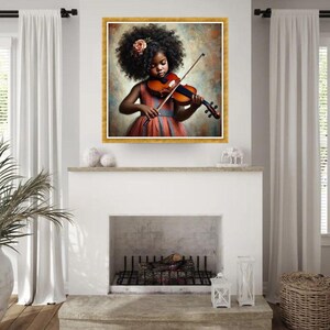 May include: A framed artwork depicts a young person with dark skin playing a violin. The person wears a red and blue dress and has a flower in their curly hair. The artwork is displayed above a white fireplace.