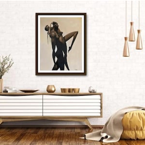 May include: A painting of a couple embracing, the woman is holding onto the man's shoulders and her legs are wrapped around his waist. The painting is done in a minimalist style with muted tones of brown and black.