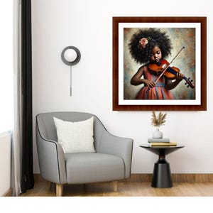 May include: A framed artwork depicts a young girl with dark curly hair playing a violin. She wears a red and blue dress and a flower in her hair. The artwork is in a dark brown frame, hanging on a white wall.