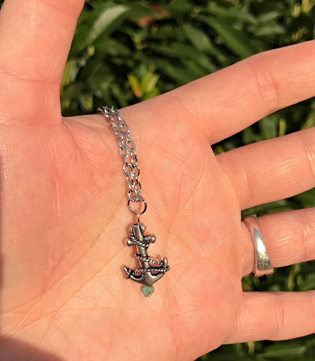 Simple Anchor Necklace With Teal and Gold Bead/ Sea Necklace/ Ocean