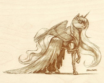 May include: A black and white pencil drawing of a unicorn with wings and a long flowing mane, wearing a gown. The unicorn is standing on its hind legs and looking to the side. The drawing is signed "Daron Engel" in the bottom right corner.