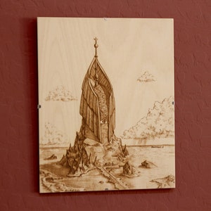 May include: A wood-burned image of a tall, intricate tower with a pointed spire, set against a background of clouds and a body of water. The tower appears to be made of stacked, overlapping layers, creating a sense of depth and complexity.