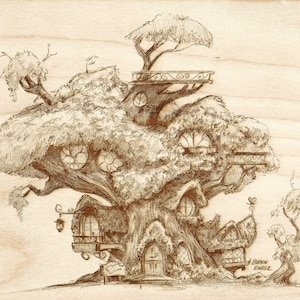 May include: A detailed pencil drawing of a treehouse built into a large tree. The treehouse has multiple levels and windows, and a sign that reads "Baron Engel".
