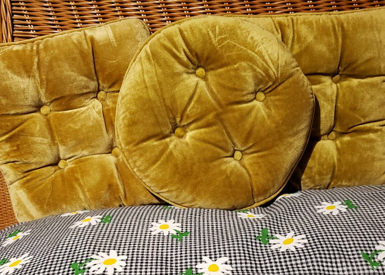 Rare find Sold separately 3 Midcentury velvet gold pillows . with decretive cover button cleaned, and sanitized Midcentury Gold