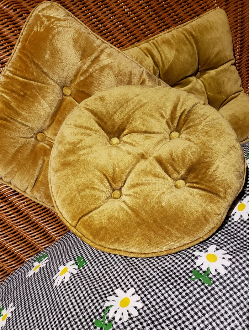 Rare find Sold separately 3 Midcentury velvet gold pillows . with decretive cover button cleaned, and sanitized Midcentury Gold