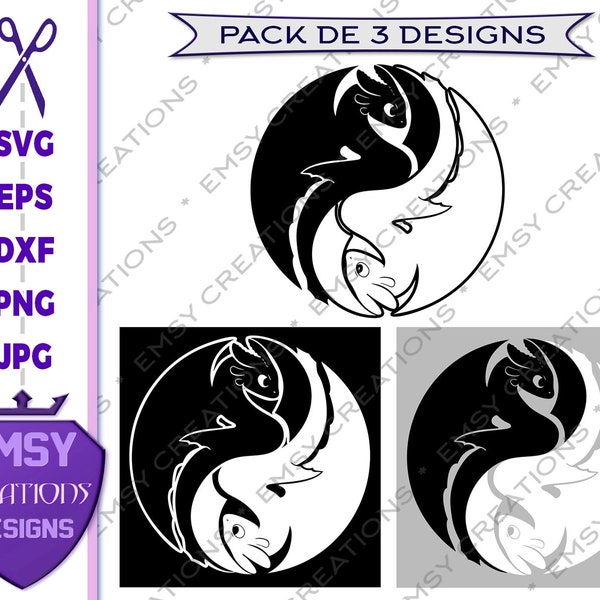 Toothless Yin Yang Light Fury, how to train your Dragons svg- Vector illustration, cutting plotter