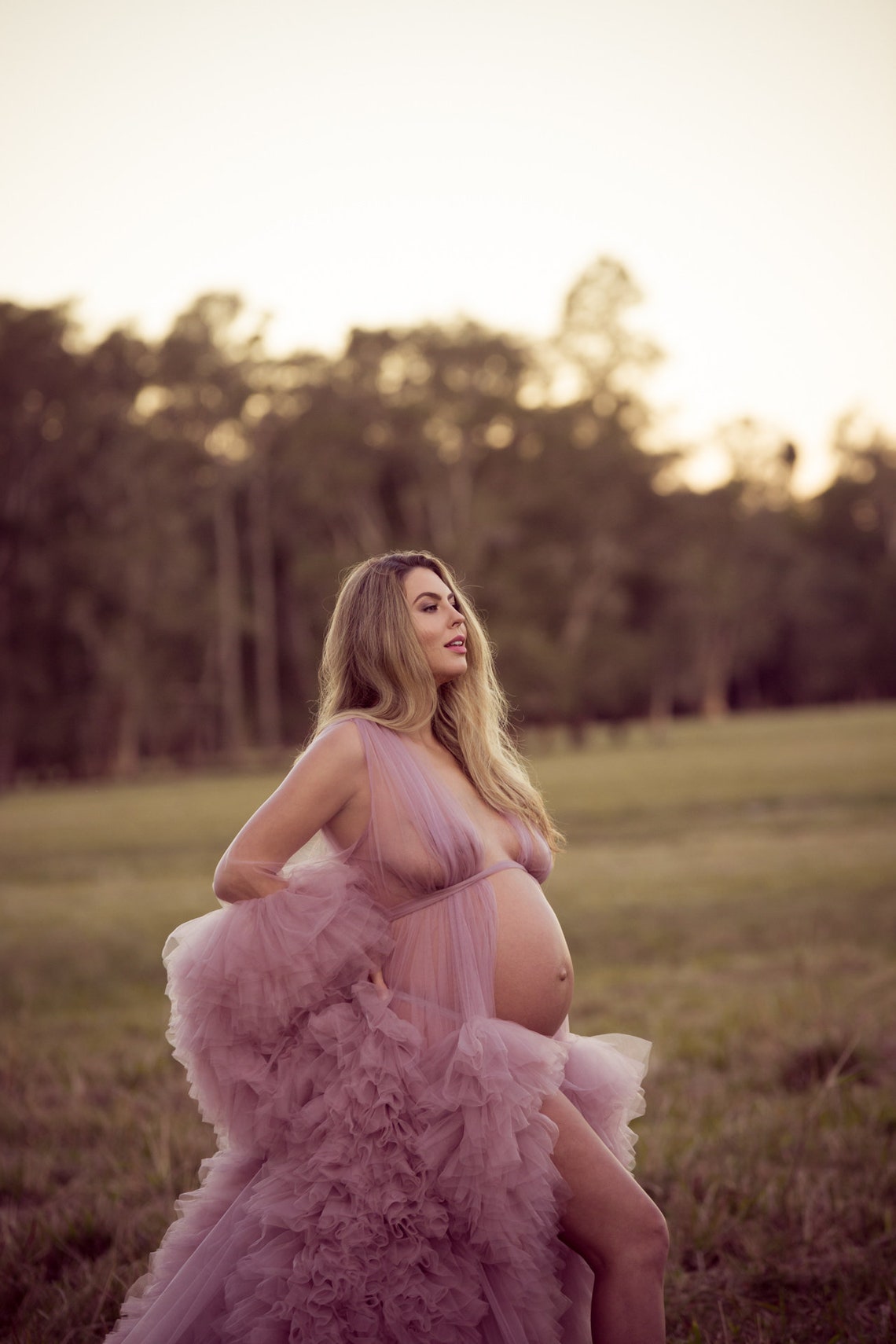 Ready to Ship Mauve Tulle Maternity Dress Photo Shoot