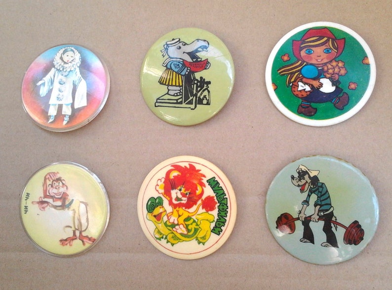 Vintage soviet plastic childrens pin badges Cartoon characters Made in USSR 1980s