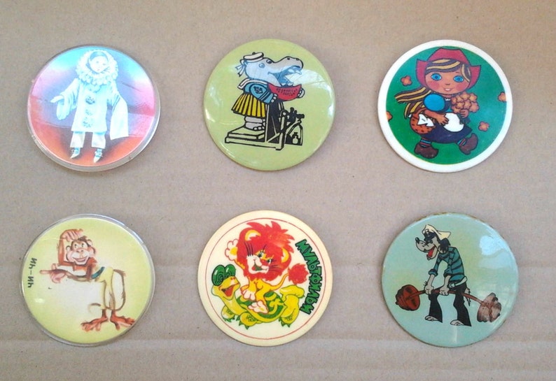 Vintage soviet plastic childrens pin badges Cartoon characters Made in USSR 1980s