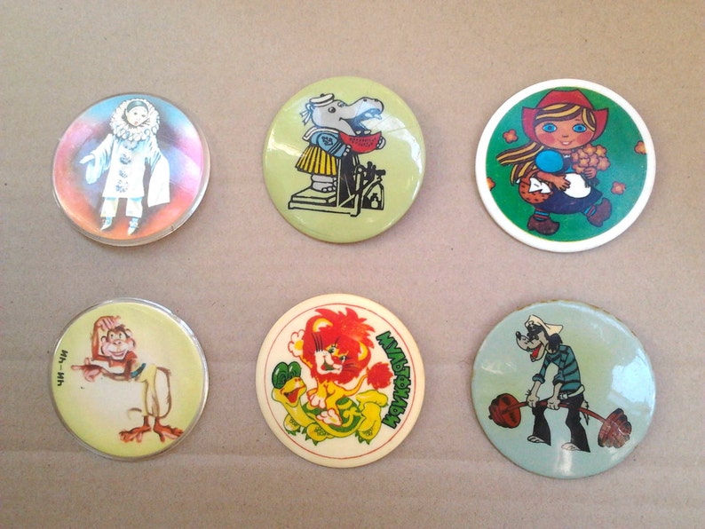 Vintage soviet plastic childrens pin badges Cartoon characters Made in USSR 1980s