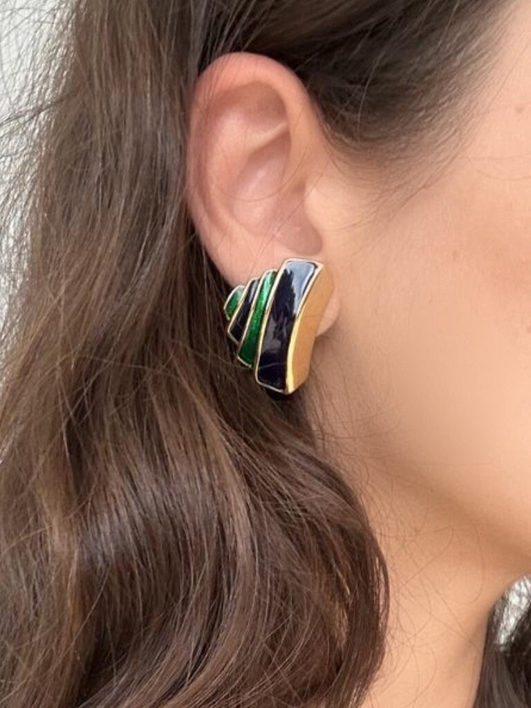 Boucles d'oreilles géométriques vintage en or et vert main image 0