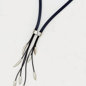 Blue Rubber Tie Necklace with Pendants Plated with White Rhodium Handmade by Jennifer Love image 4