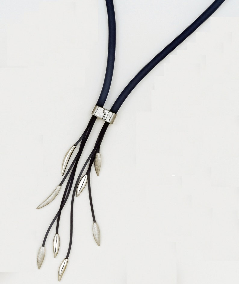 Blue Rubber Tie Necklace with Pendants Plated with White Rhodium Handmade by Jennifer Love image 4