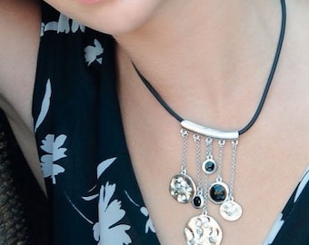 Authentic,athnic White Crystals-Black Diamond-Women Necklace-White Rhodium Plated-Silver Necklace-Handmade by ...