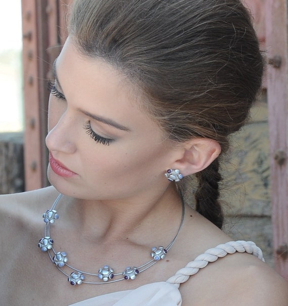 Silver Jewelry Set, Romantic Jewlery Set, Collar Necklace, Cocktail Necklace, Silver Stud Earrings, Floral Jewelry Set, White Rhodium Plated