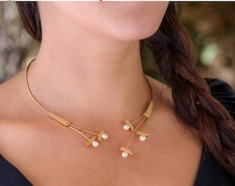 Pearls Gold Necklace, Gold Open Necklace, Gold Choker Necklace, Bridal Necklace, Cocktail Necklace, Wedding Jewelry, Adjustable Necklace