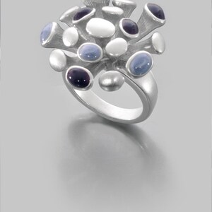 May include: A silver ring with a cluster of blue, white, and purple stones. The stones are set in a silver band and are arranged in a flower-like pattern.