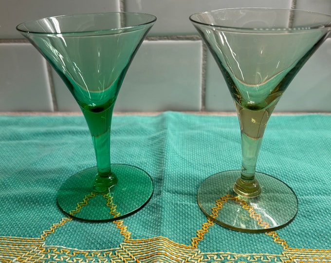 Vintage Stemmed Cocktail Martini Glasses Green and Yellow