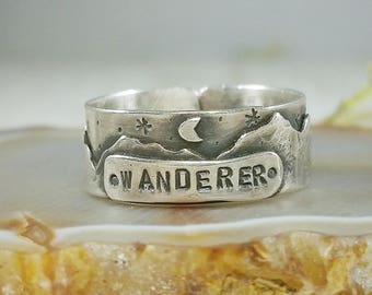 Mountain ring, mountain jewelry, mountian lover, wanderer, Moon ring, Moon jewelry, cuff ring, Hippie Ring, Boho ring, hand stamped ring