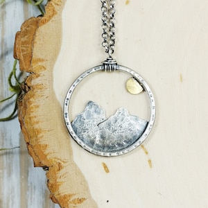 Mountain Necklace, Mountain Jewelry, Nature lover Gift, Artisan Jewelry, Boho Jewelry, Sun Necklace, Sterling Silver Mountains, Boho