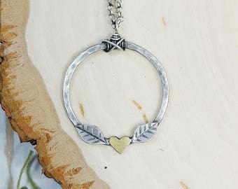 Heart Necklace, Valentines day gift, Love Necklace, Hammered Hoop, Leaf Necklace, Anniversary gift, Gift for her, Gift for Mom, boho jewelry