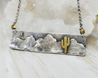 Mountain Necklace, Mountain Jewelry, succulent necklace, Moon Necklace, Cactus Necklace, Boho Jewelry, Sterling Silver Mountains