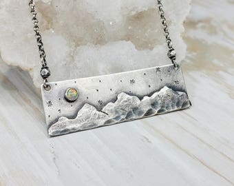 Mountain Necklace, opal necklace, Mountain Jewelry, hiking gift, Moon Necklace, Sun Necklace, Artisan Jewelry, Boho Jewelry, Silver bar