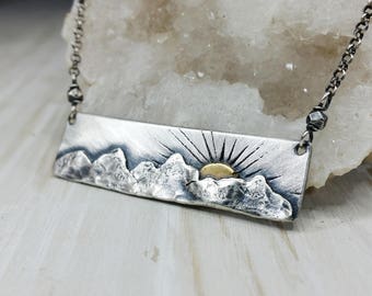 Mountain Necklace, yoga jewlery, bar necklace, unique jewelry, Sun Necklace, Sun Jewelry, Artisan Jewelry, Boho Jewelry, Sterling Silver