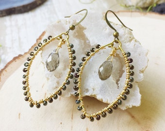 Wire Wrapped Hoop Earrings, Brass Hoop Earrings, Boho Earrings, Smokey Quartz Earrings, Gray Earrings