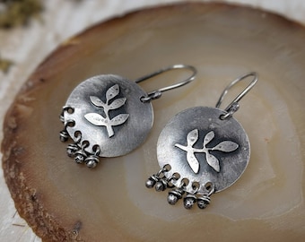 Leaf earrings, sterling silver leaf earrings, leaf jewelry, nature lover, hiker gift, hippie earrings, artisan jewelry, rustic jewelry, boho