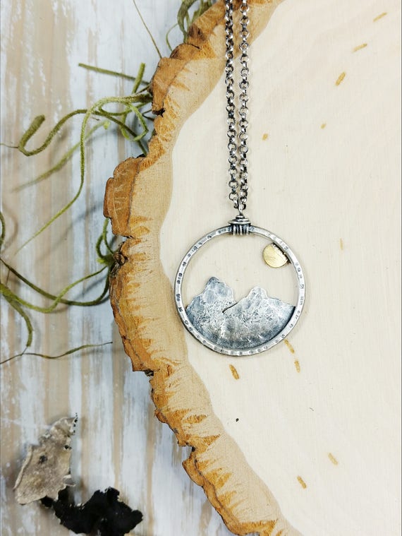 Mountain Necklace, Mountain Jewelry, Nature lover Gift, Artisan Jewelry, Boho Jewelry, Sun Necklace, Sterling Silver Mountains, Boho