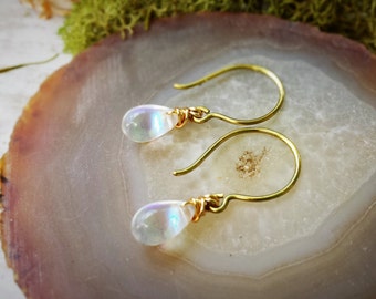 Rainbow Drop Earrings, Brass Wire Wrapped Earrings, Simple Earrings, Dainty Earrings, Teardrop Earrings, Bubble Earrings, Small Earrings