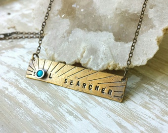 Brass Bar Necklace, Hand Stamped Necklace, Sun Necklace, Turquoise Necklace, Gemstone Necklace, Sleeping Beauty Turquoise