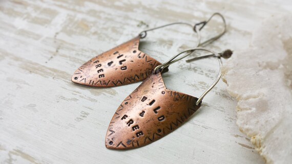 Wild and Free Earrings, Valentines Day Gift, Copper Sheild