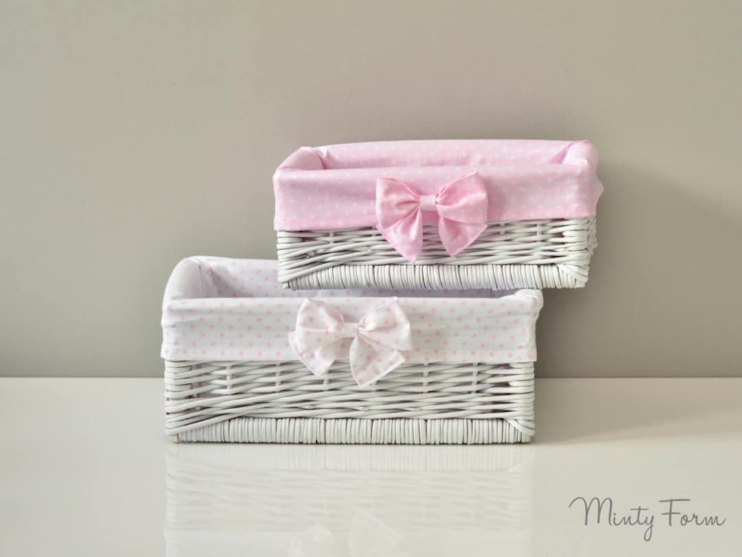 White Natural Wicker Basket With Cotton Lining With Bow Pink - Etsy