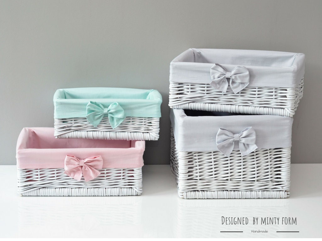 White Natural Wicker Basket With Cotton Lining With Bow Pastel Etsy