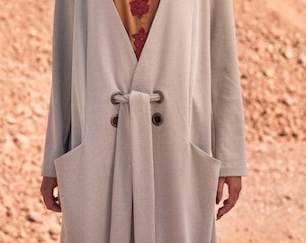 Beige/Grey women's coatigan with pockets, oversize clothing, long, loose cardigan