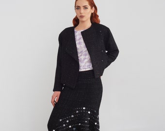 Black boucle short sparkly women's blazer, elegant cotton blended jacket