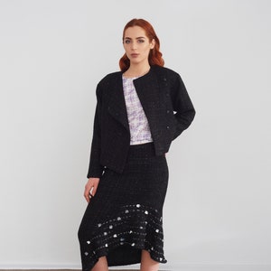 Black boucle short sparkly women's blazer, elegant cotton blended jacket