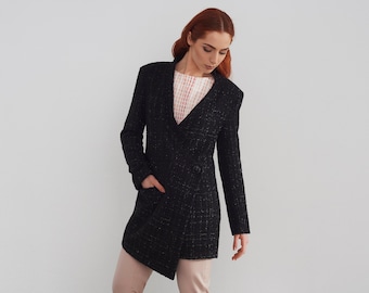 Black boucle longline sparkly asymmetric chic women's blazer