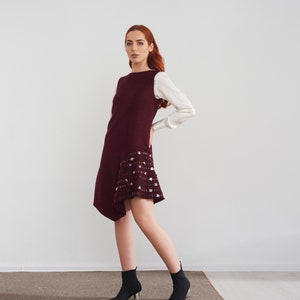 Wool bordo boucle asymmetric dress with hand embroidery image 1