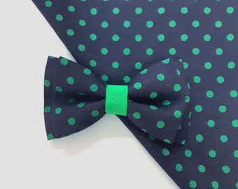 Bow tie and men's pocket square, Groom's accessory, Dark blue and green